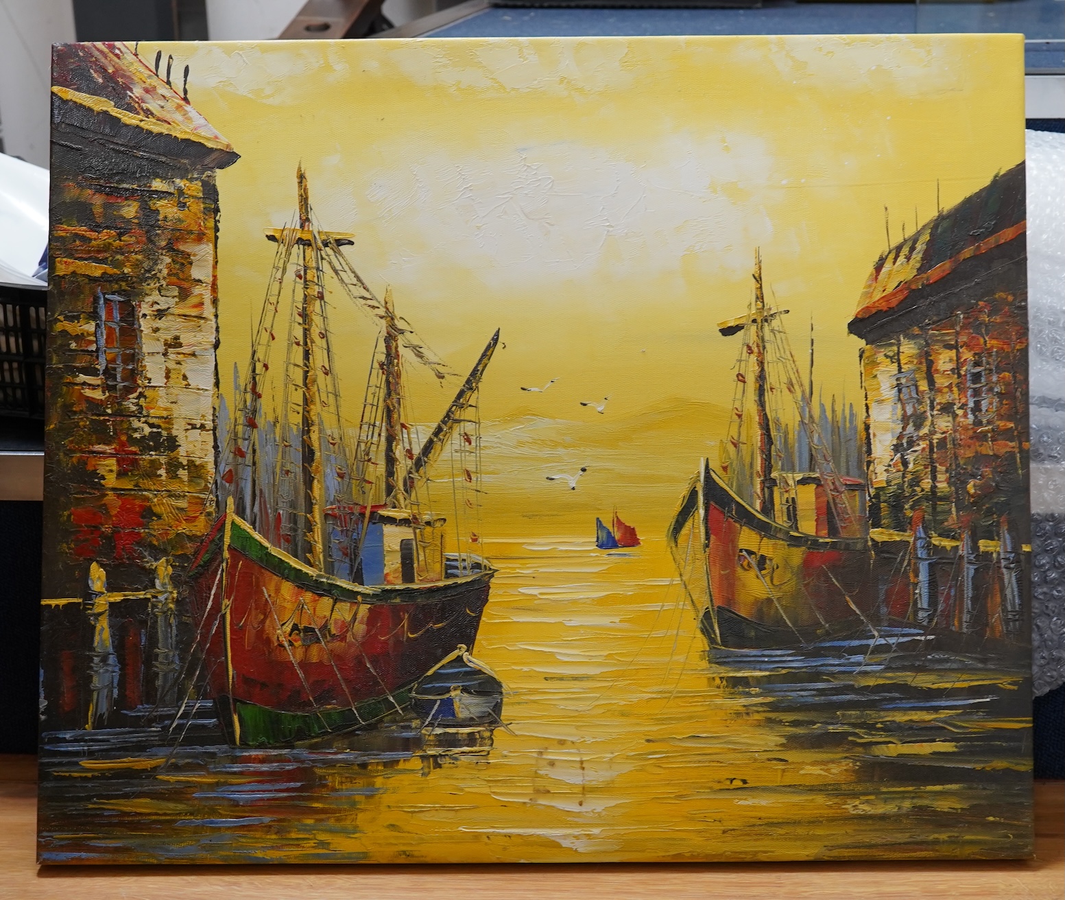 Attributed to Ken Laidlaw (b.1945), Moored boats, impasto oil on canvas, unsigned, oil on canvas, unframed, 50 x 60cm